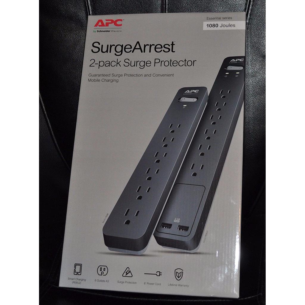 APC Surge Protector 2 paquetes 1080 julios 6 enchufes 2 puertos USB Modelo # PE6U2